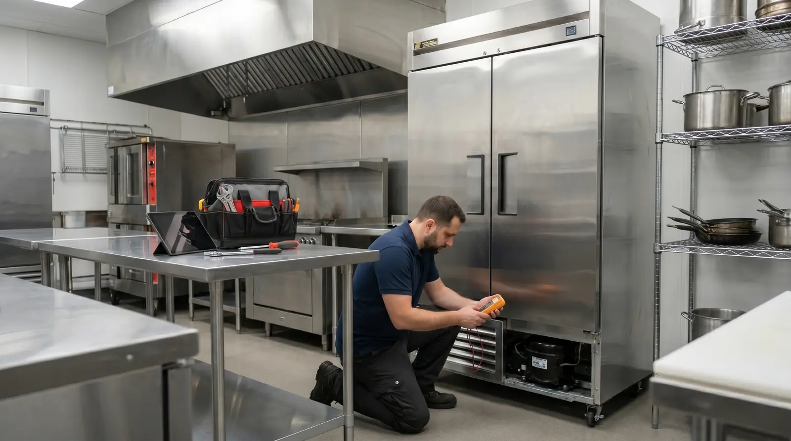FixitBay technician kneeling beside a stainless-steel commercial reach-in refrigerator in a Bay Area restaurant kitchen, testing the compressor with a multimeter while a tool bag and tablet sit on a stainless prep table