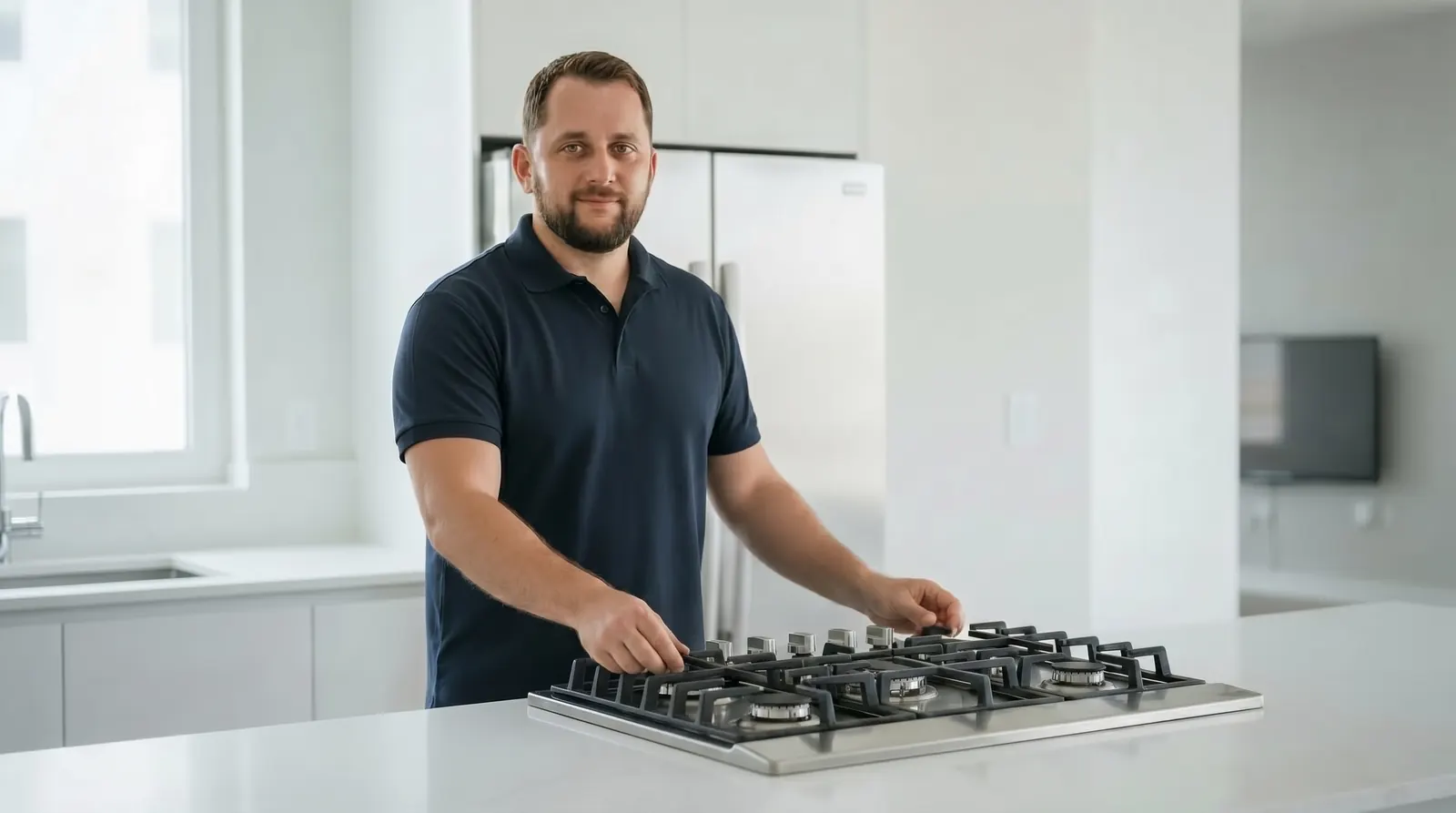 FixitBay technician Andrei inspecting a stainless-steel gas cooktop during routine maintenance in a bright Bay Area kitchen
