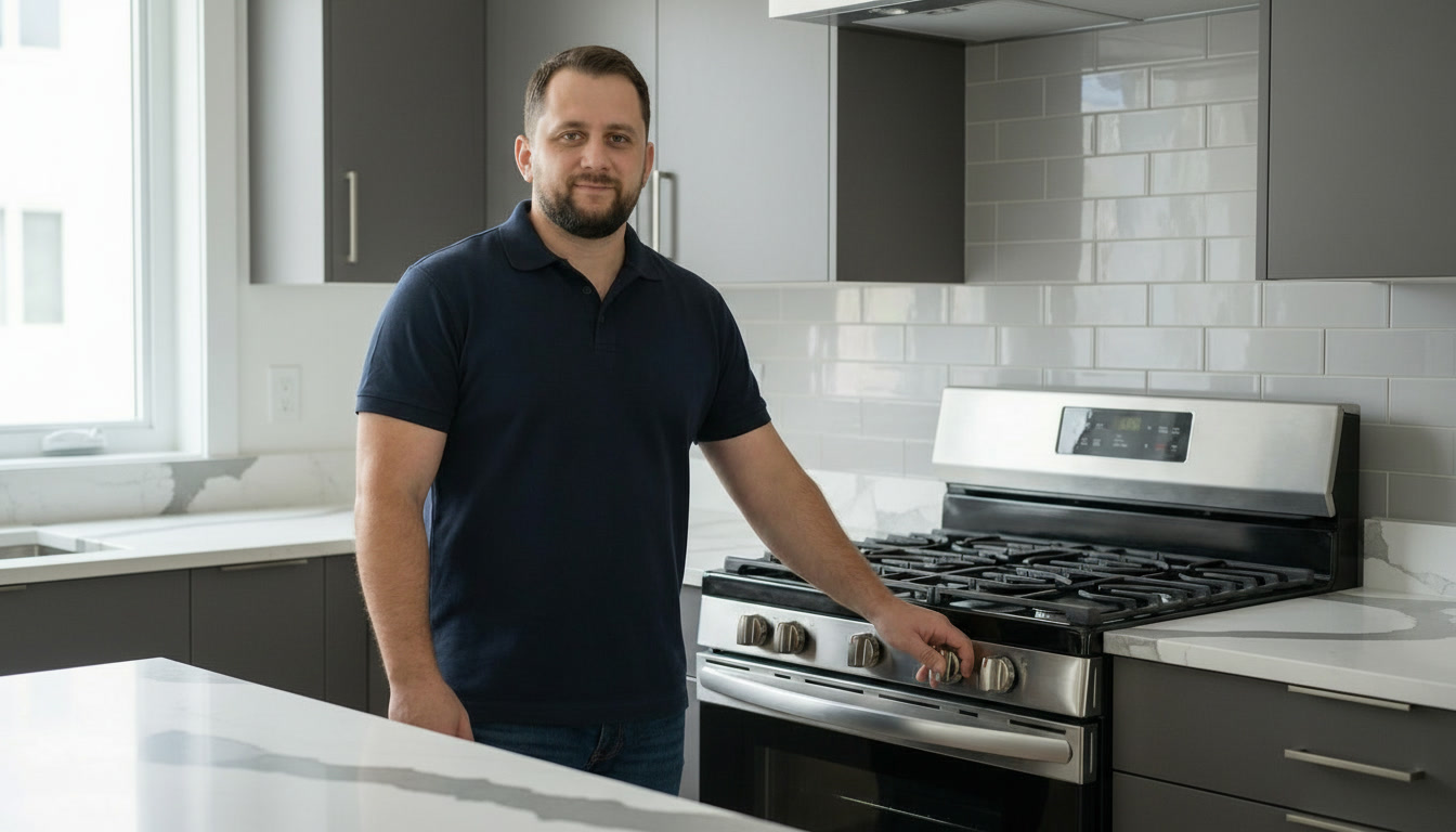 FixitBay technician next to a gas range in a San&nbsp;Francisco kitchen