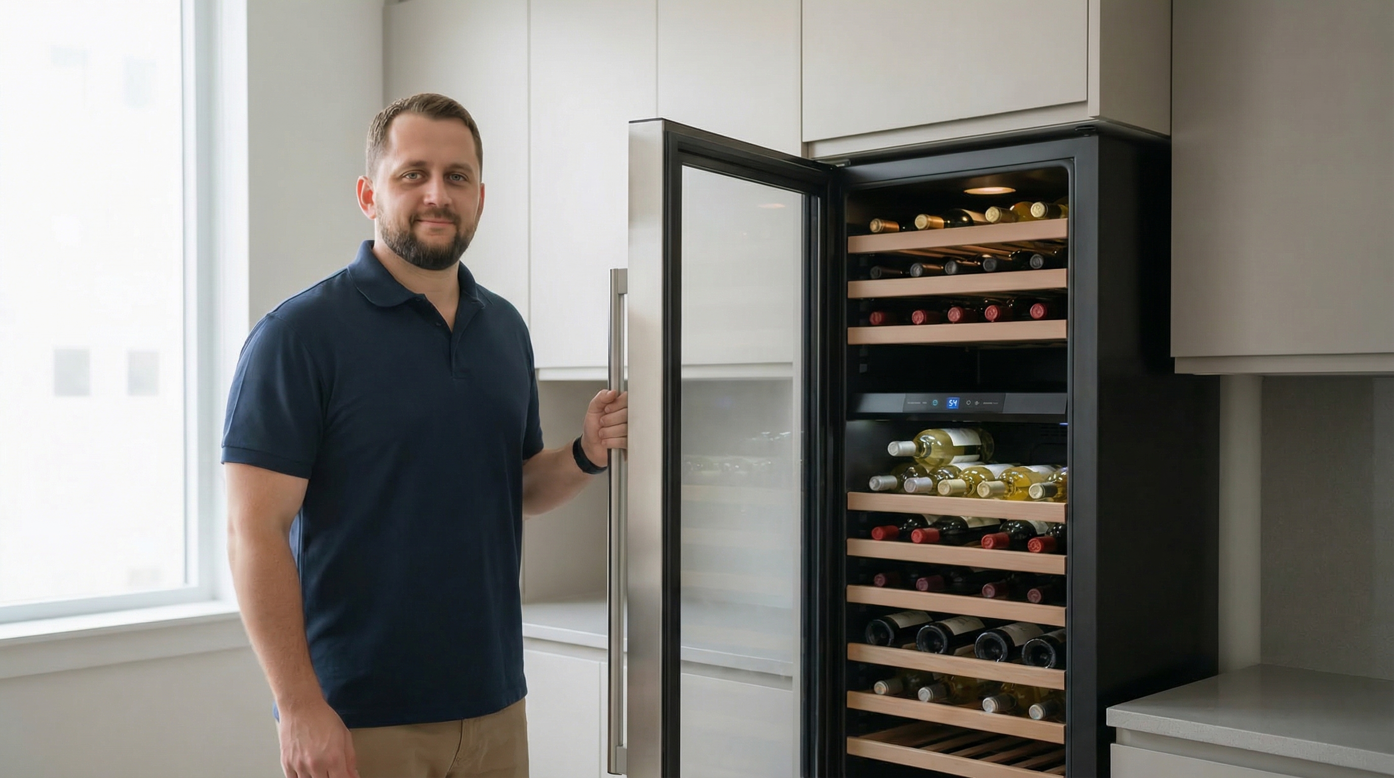 FixitBay technician Andrei next to an open wine cooler